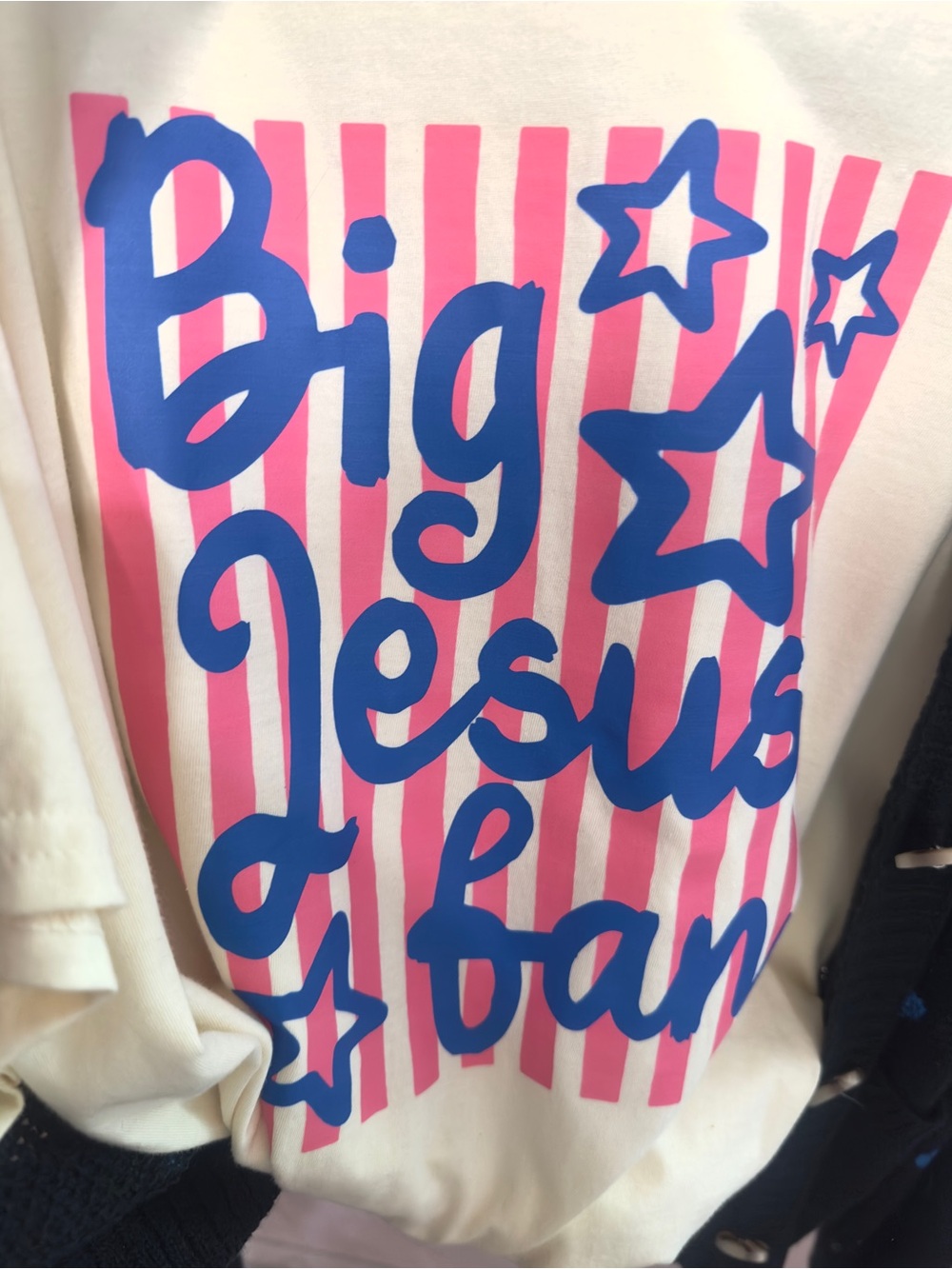 Gildan Cream Tee with Pink Stripes and Blue Graphic